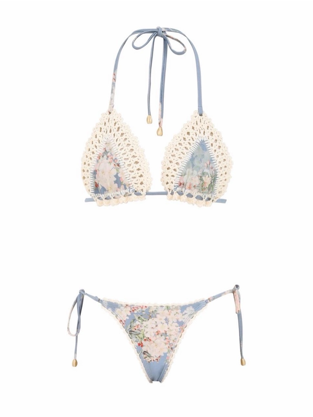 Crochet-Trim Floral Triangle Bikini Top and Tie-Side Bottoms - Blue/Cream